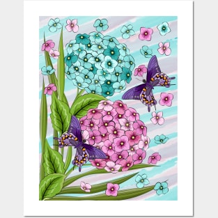 Hydrangea Flowers And Swallowtail Butterflies Posters and Art